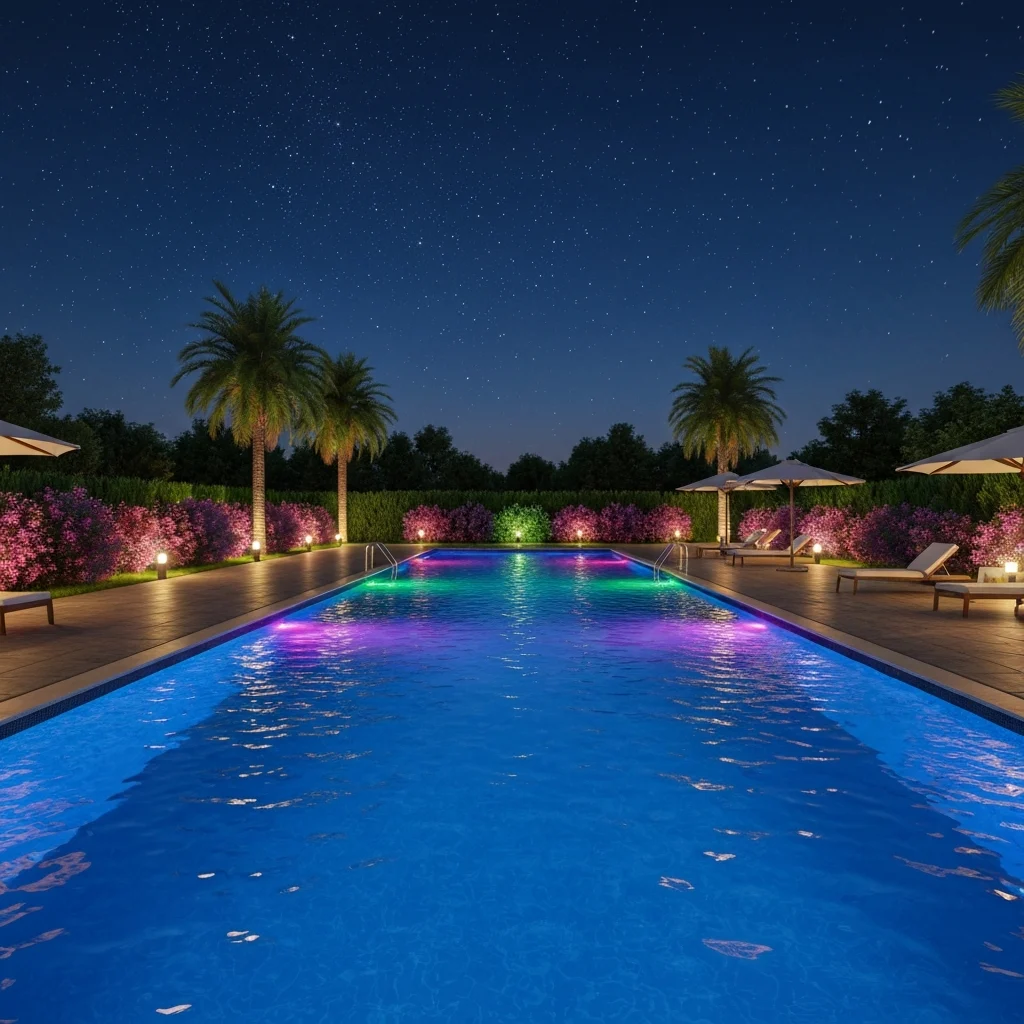 A vibrant outdoor swimming pool with colorful lights