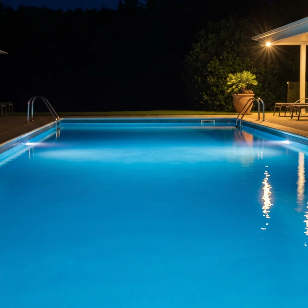 A comparison of LED and halogen pool lights in a swimming pool setting.