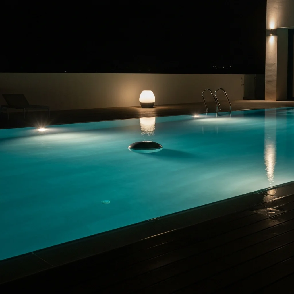 Illuminated swimming pool with a focus on the pool lamp