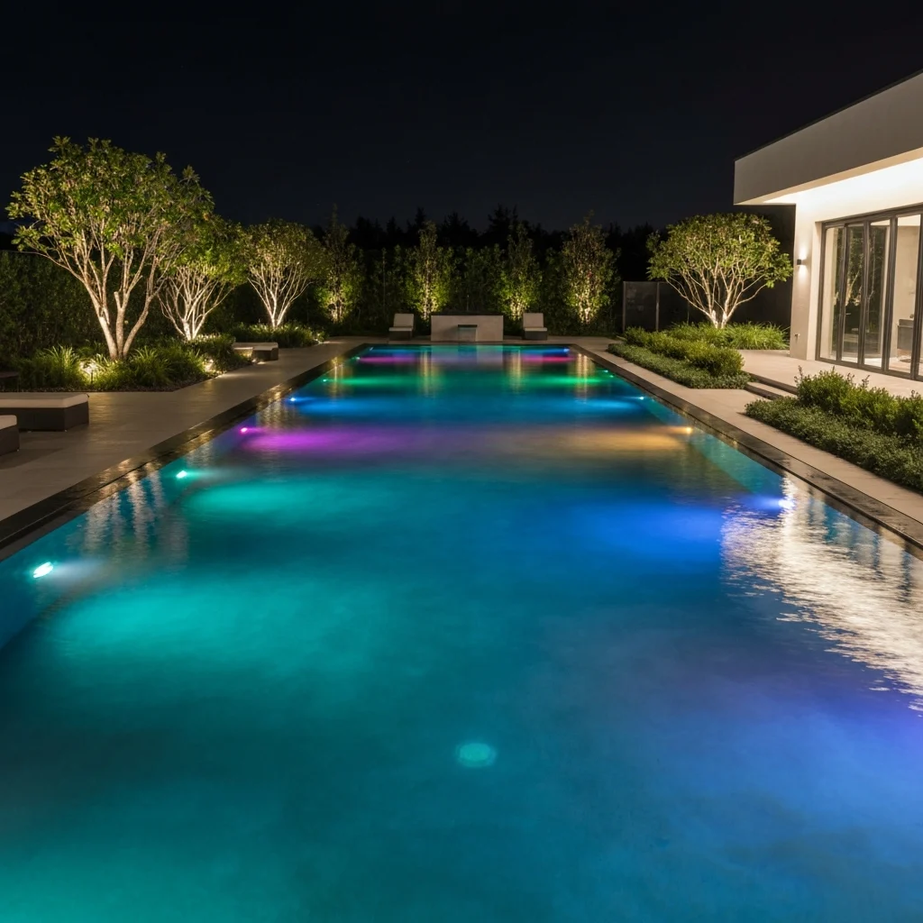 Illuminated swimming pool with RGB lighting