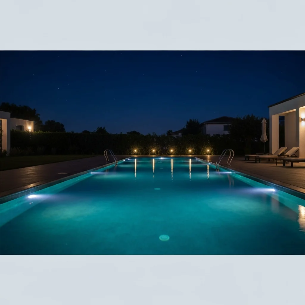 Illuminated swimming pool with various lamps