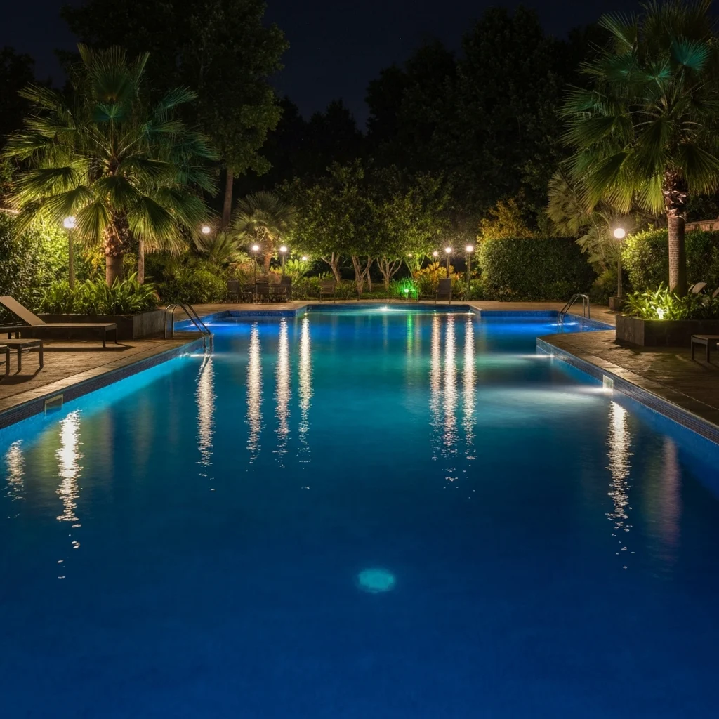 A swimming pool illuminated with colorful lights at night.