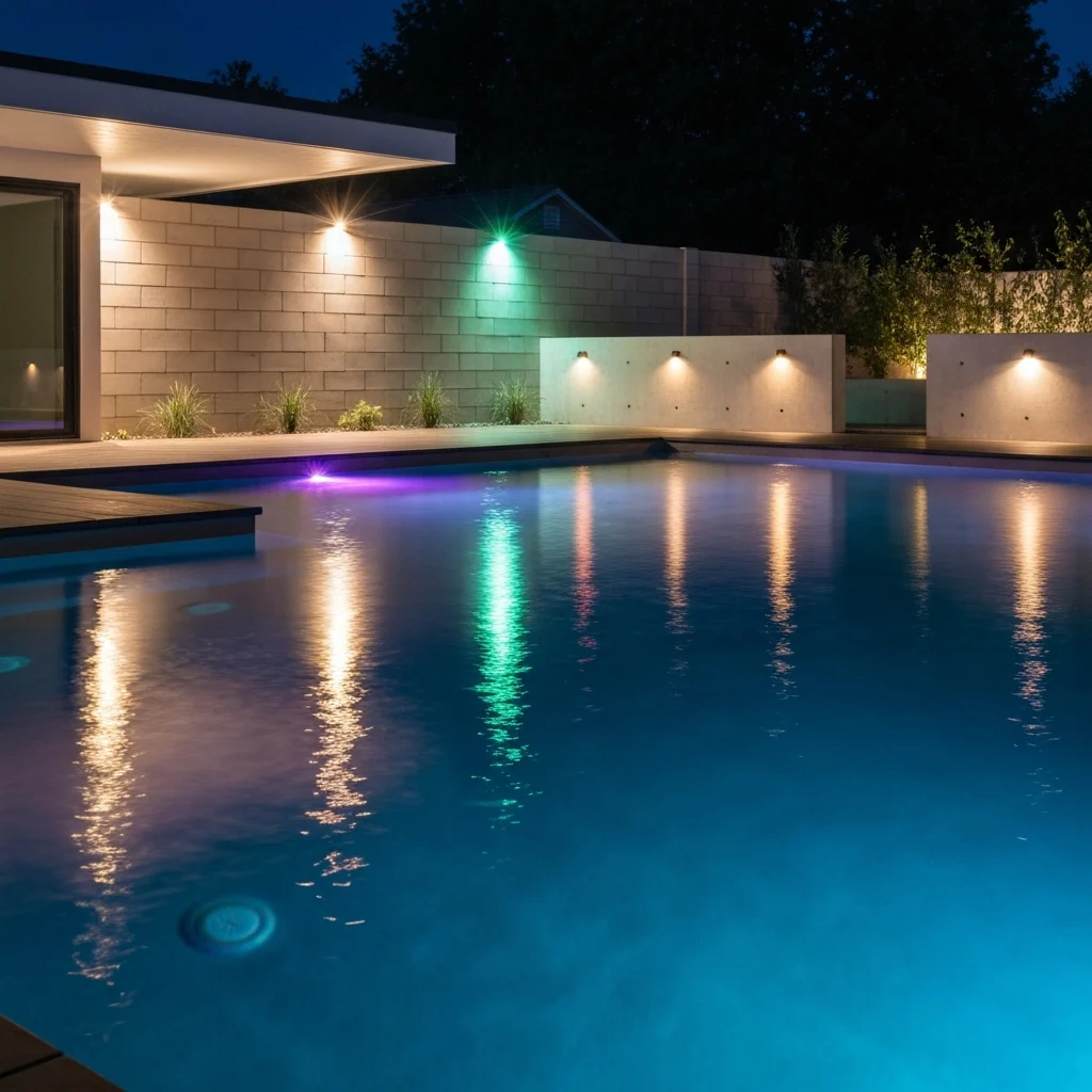 Energy-efficient LED lights in a backyard swimming pool