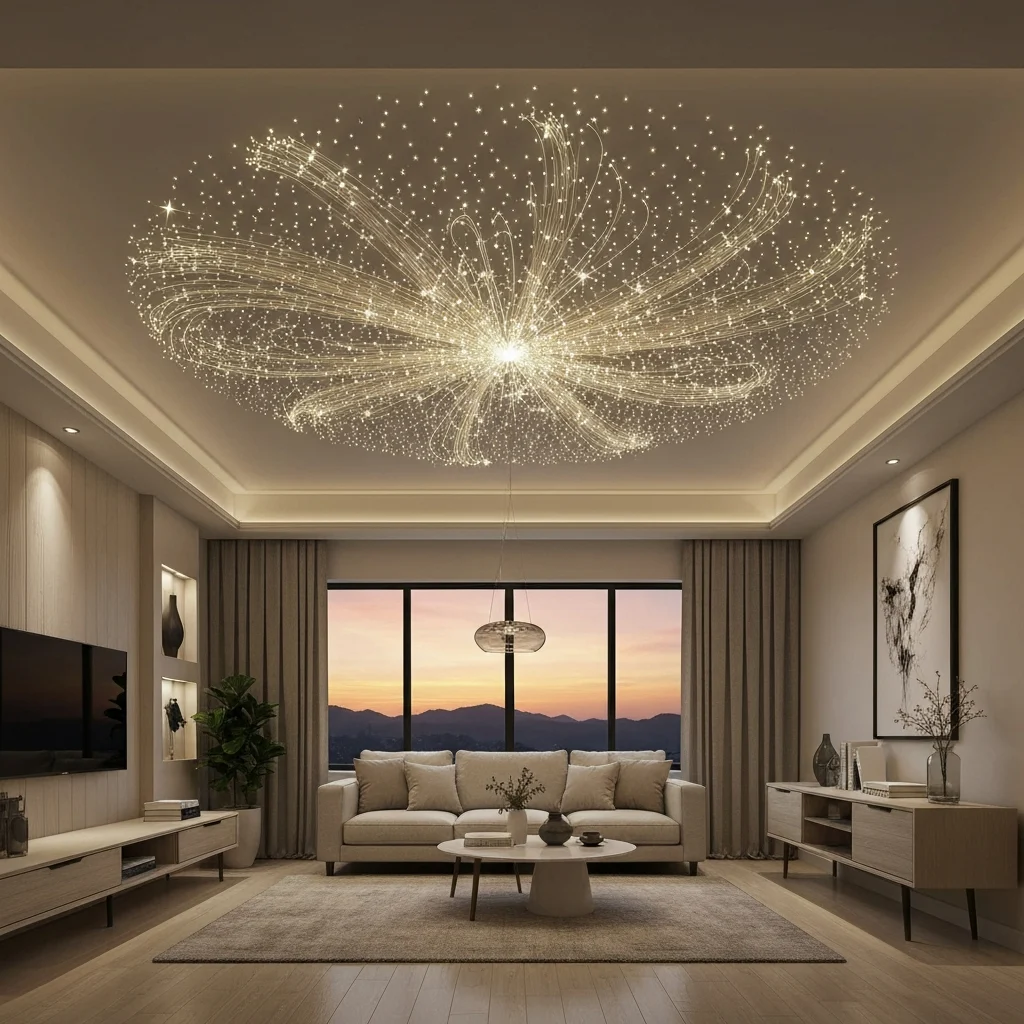 A modern living room with fiber optic lighting