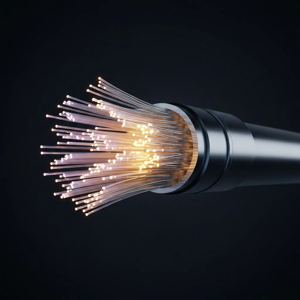 Fiber optic cable illuminated with light.