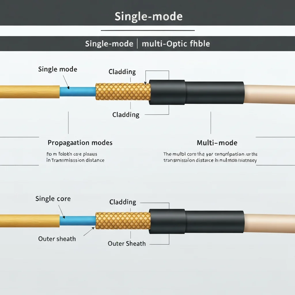 Illustration comparing single-mode and multi-mode fiber optic cables.