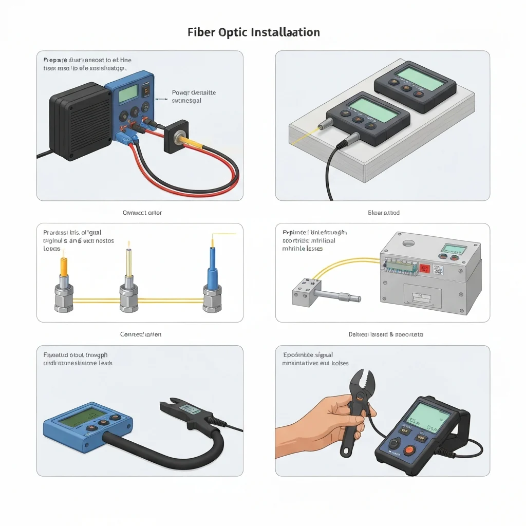 Illustration of fiber optic installation tools and process.