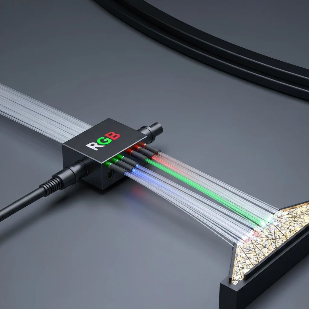 نمایش شماتیک-واقع‌گرایانه منبع فیبر نوری RGB و انتقال نور قرمز سبز آبی از طریق کابل‌های فیبر نوری