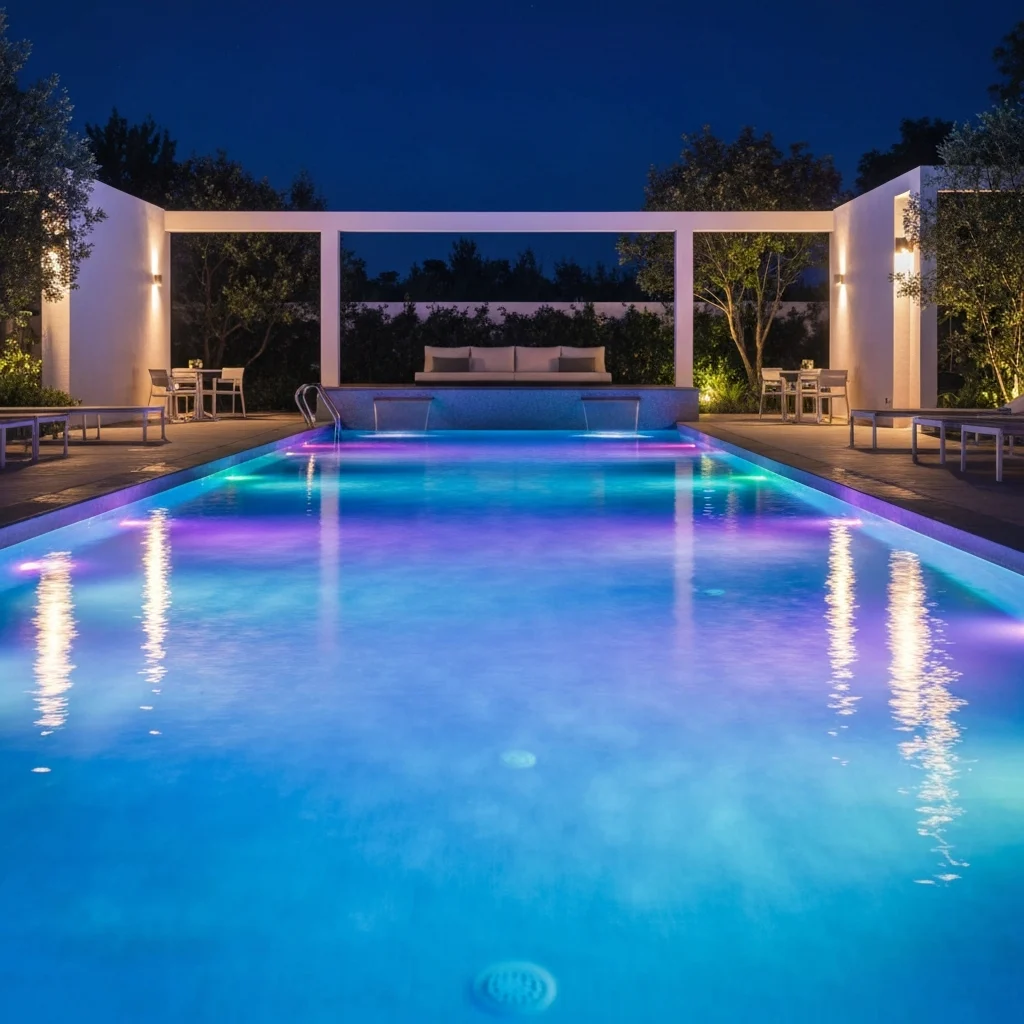 Luxurious illuminated swimming pool at night