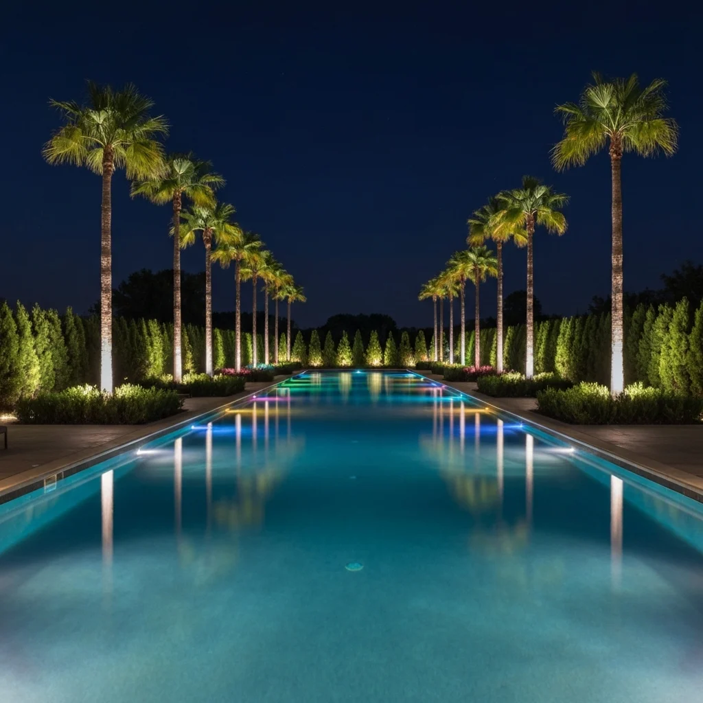 Illuminated swimming pool with colorful lights