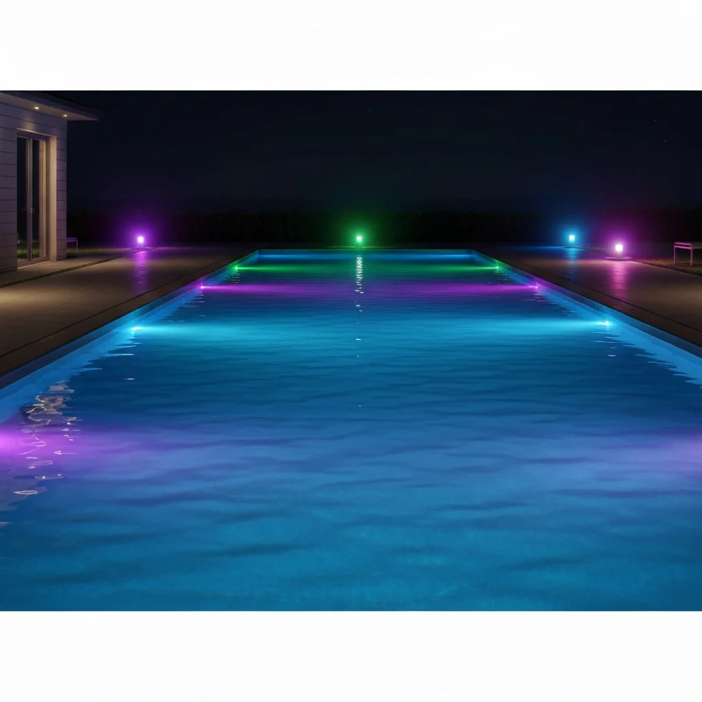 Illuminated outdoor pool with LED lights
