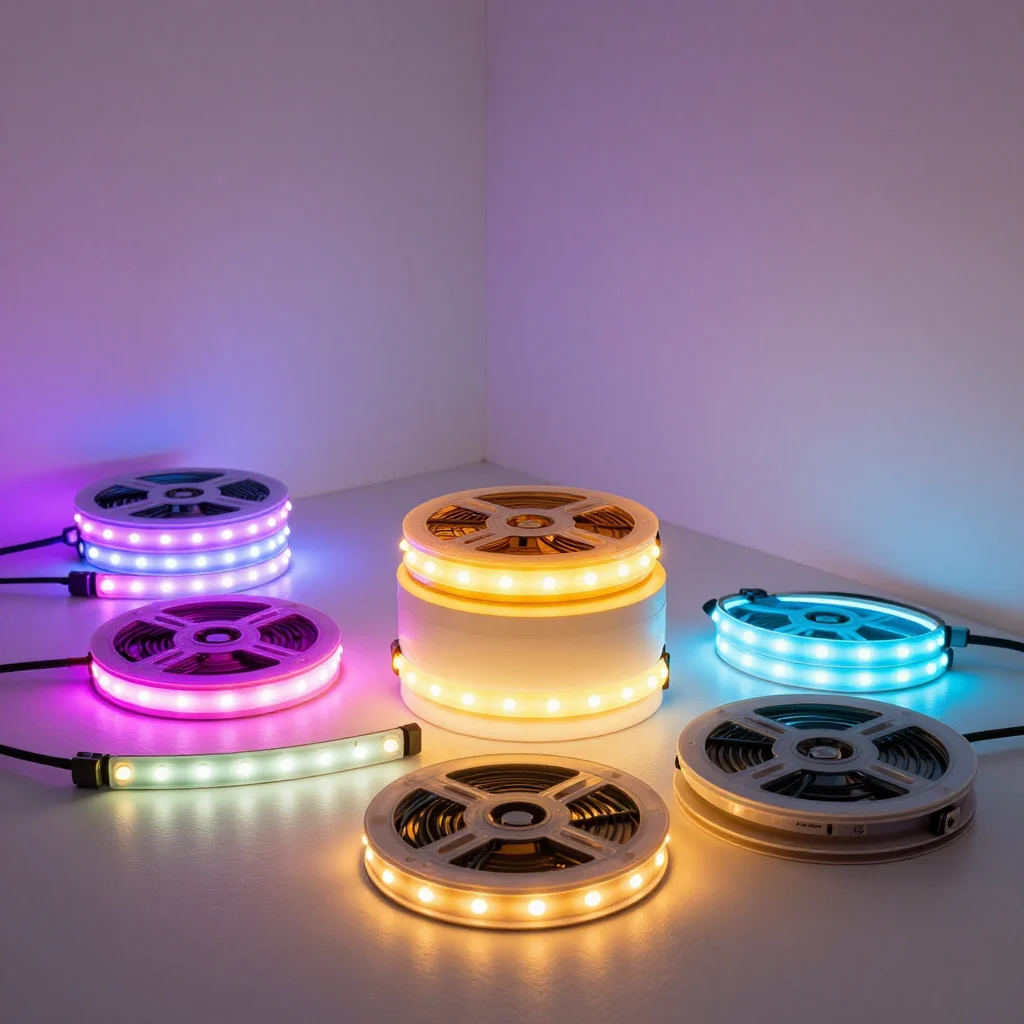 Various types of LED strip lights in different colors