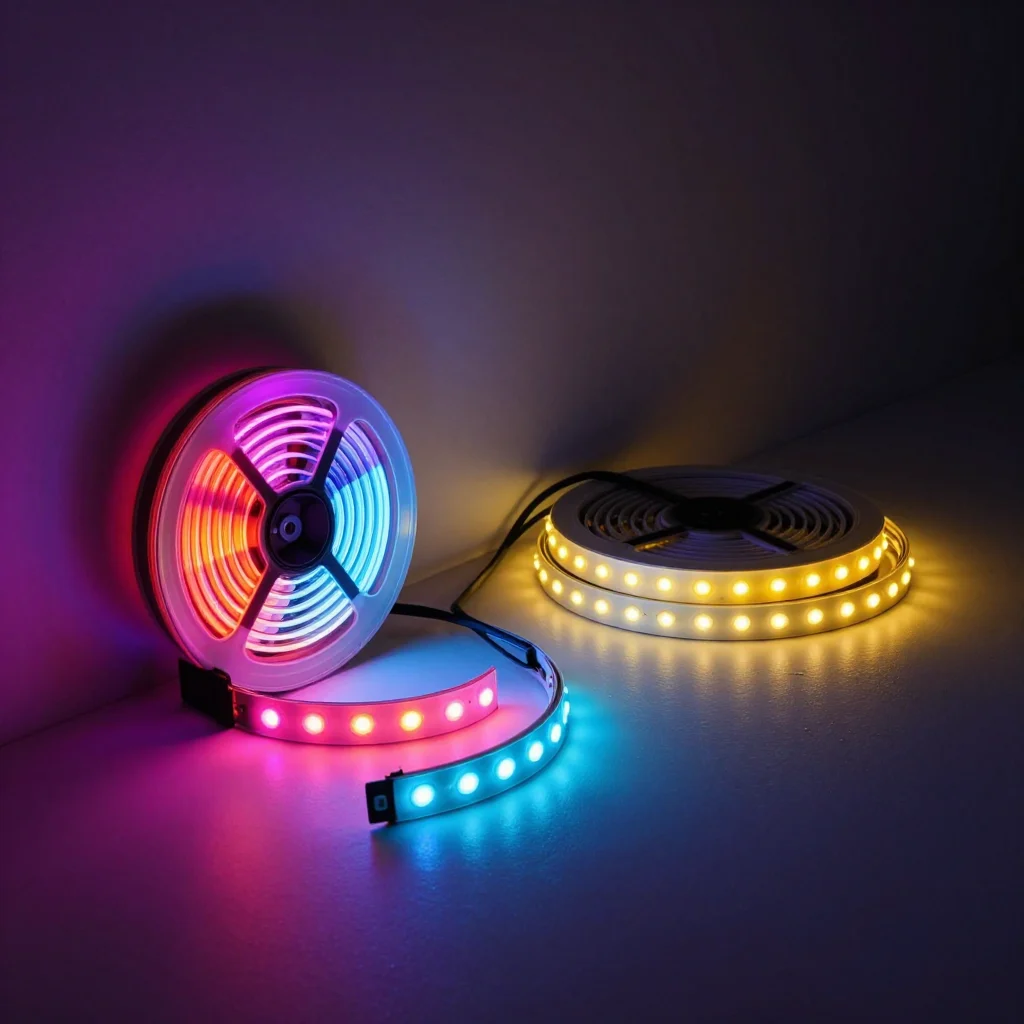 Comparison of LED strip and tube lights in a decorative setting.