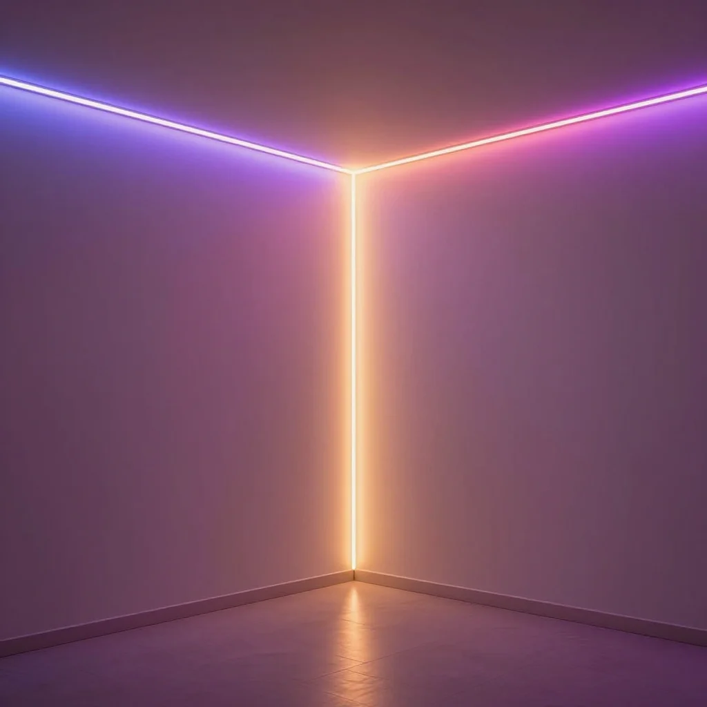 A room illuminated with colorful LED strip lights