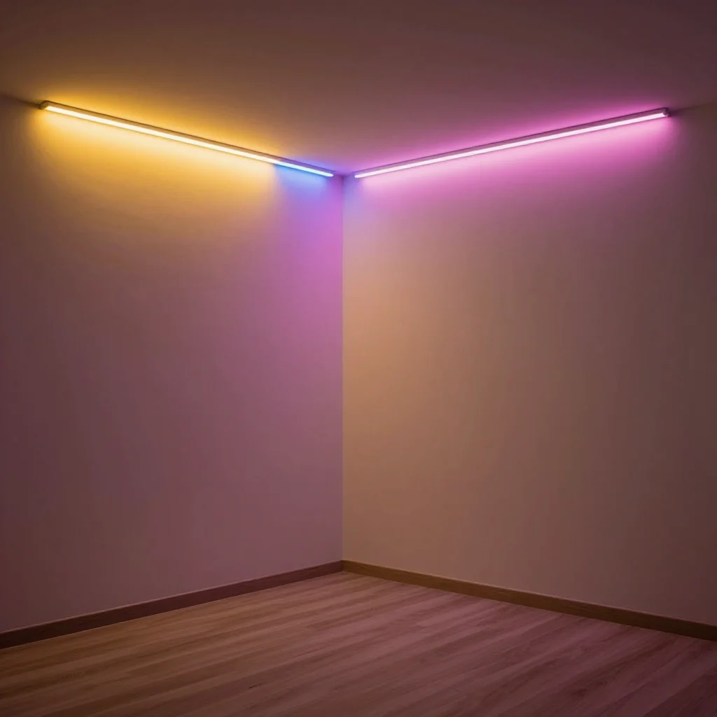 Modern room with colorful LED strip lights