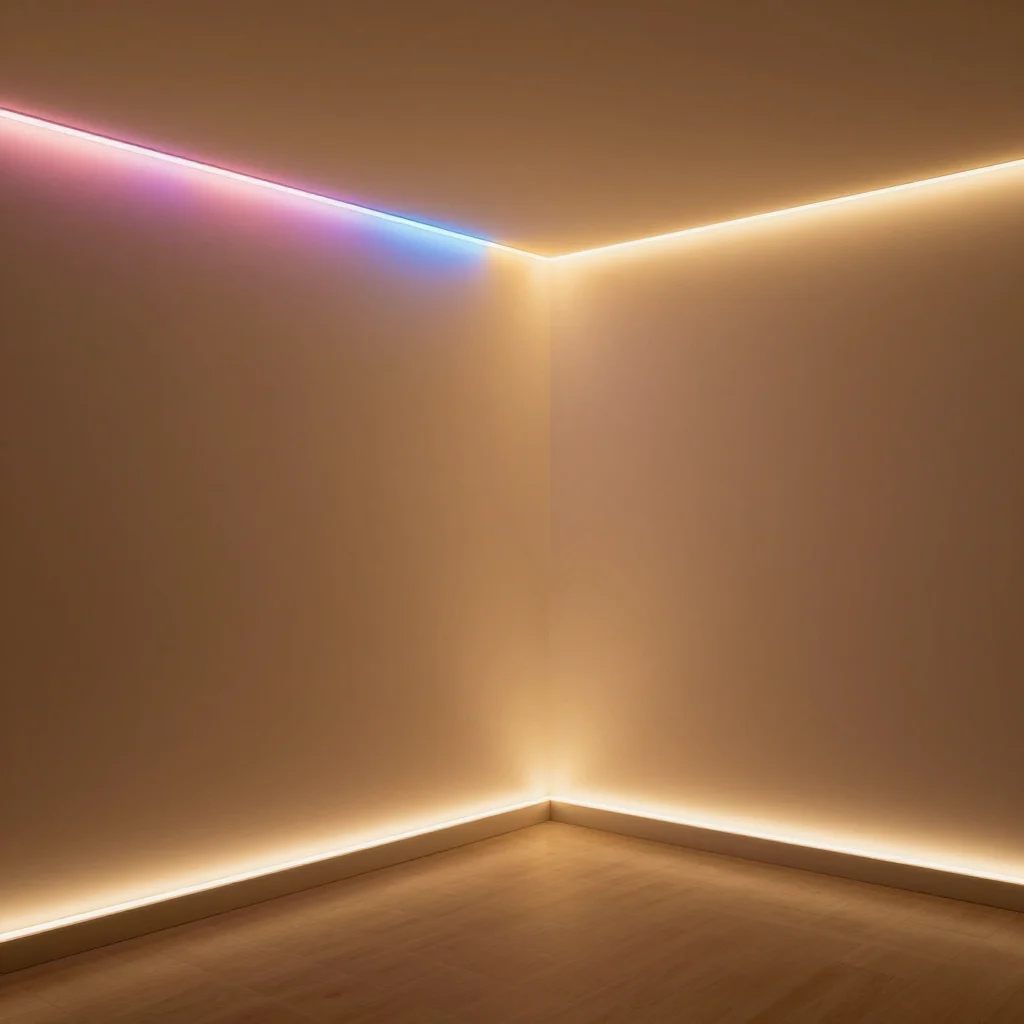 Cozy room with colorful LED strip lighting