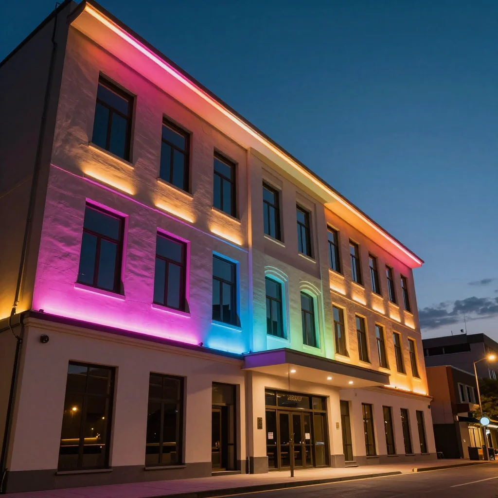 Illuminated building facade with LED lights