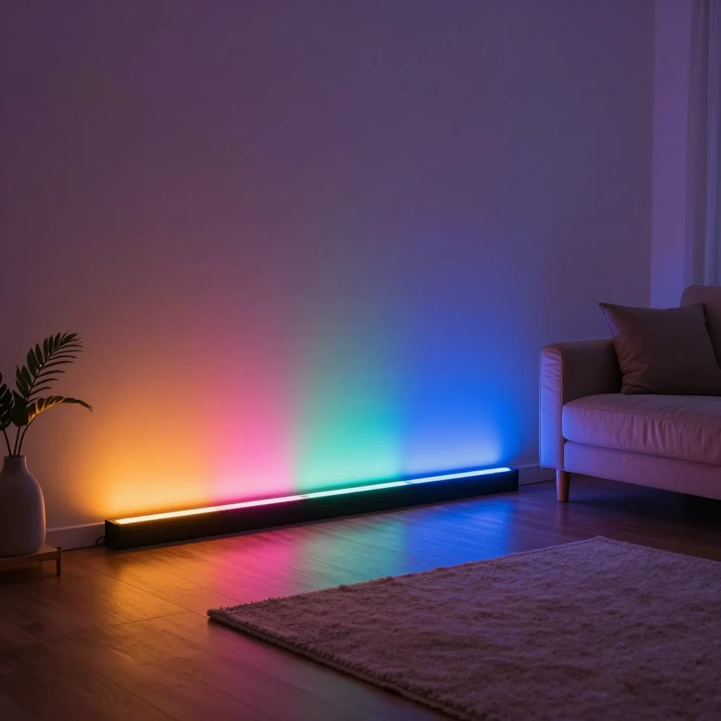 Vibrant LED RGB strip lighting in a cozy living room.