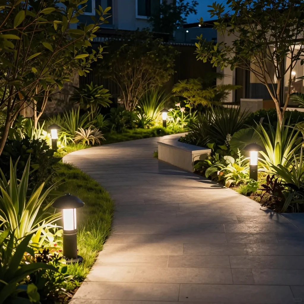 A well-lit outdoor garden with various types of lighting.