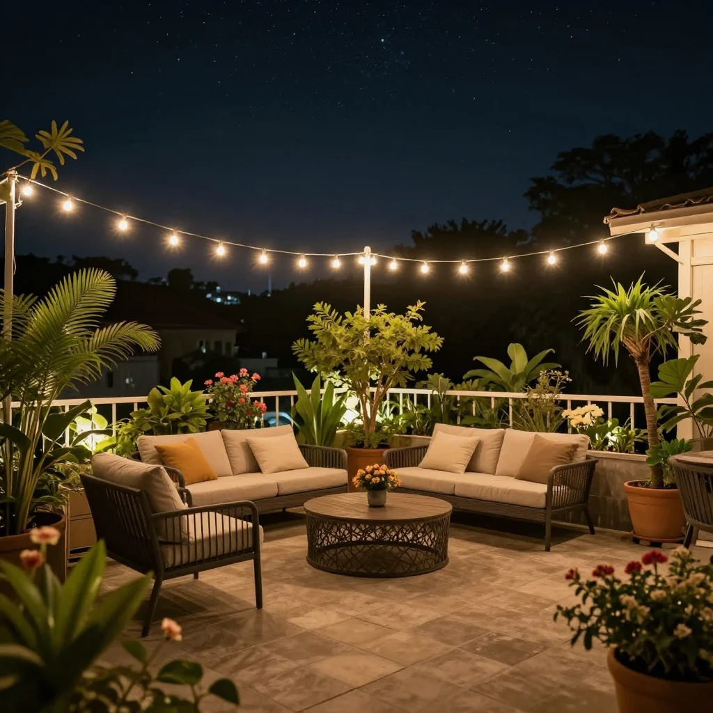 Beautiful terrace illuminated with LED string lights