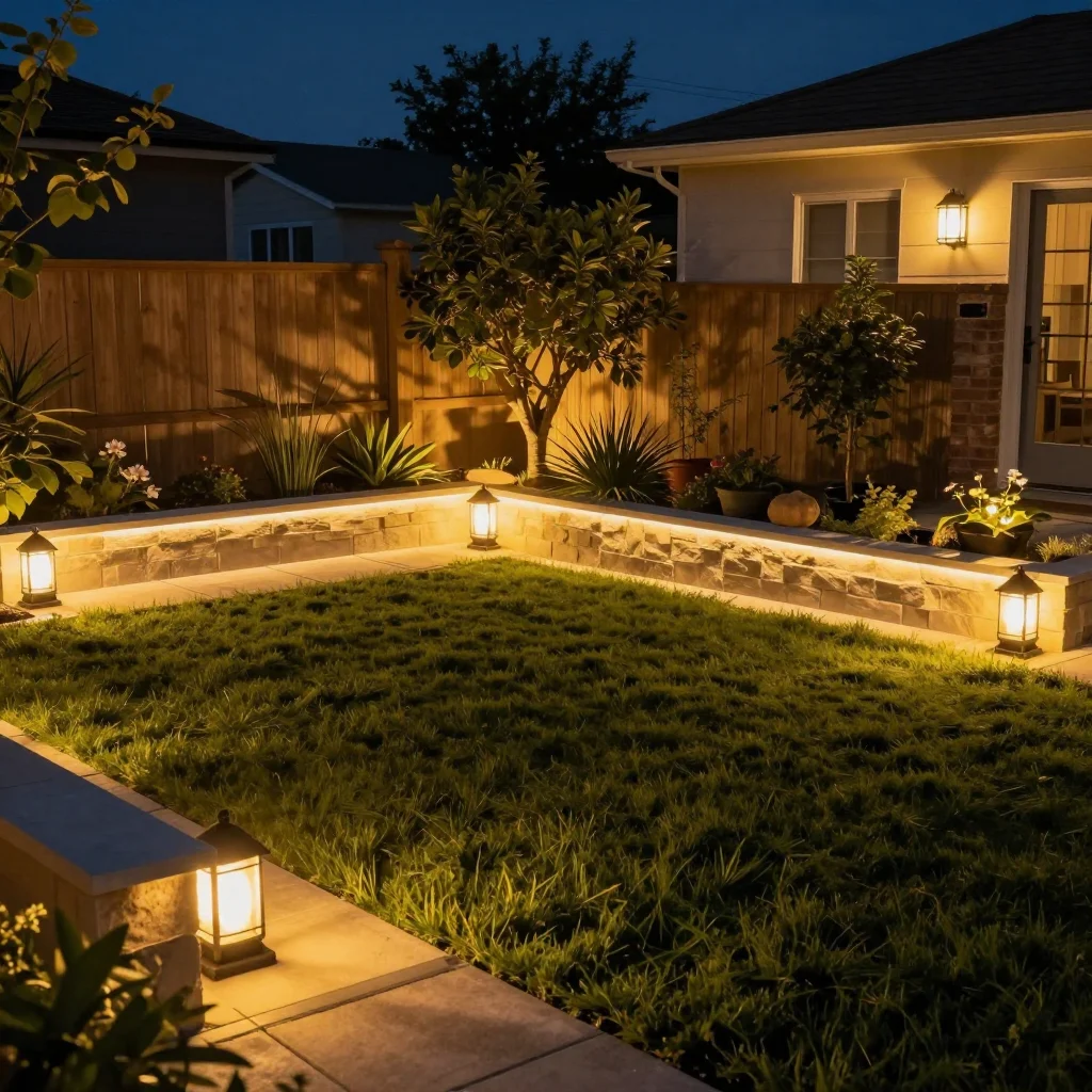A well-lit backyard showcasing different outdoor lighting ideas.
