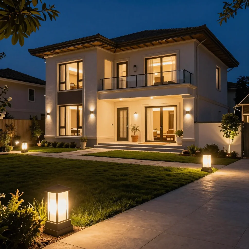Modern villa landscape with stylish outdoor lighting
