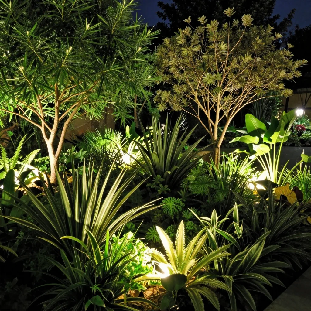 A well-lit green space showcasing different lighting styles.