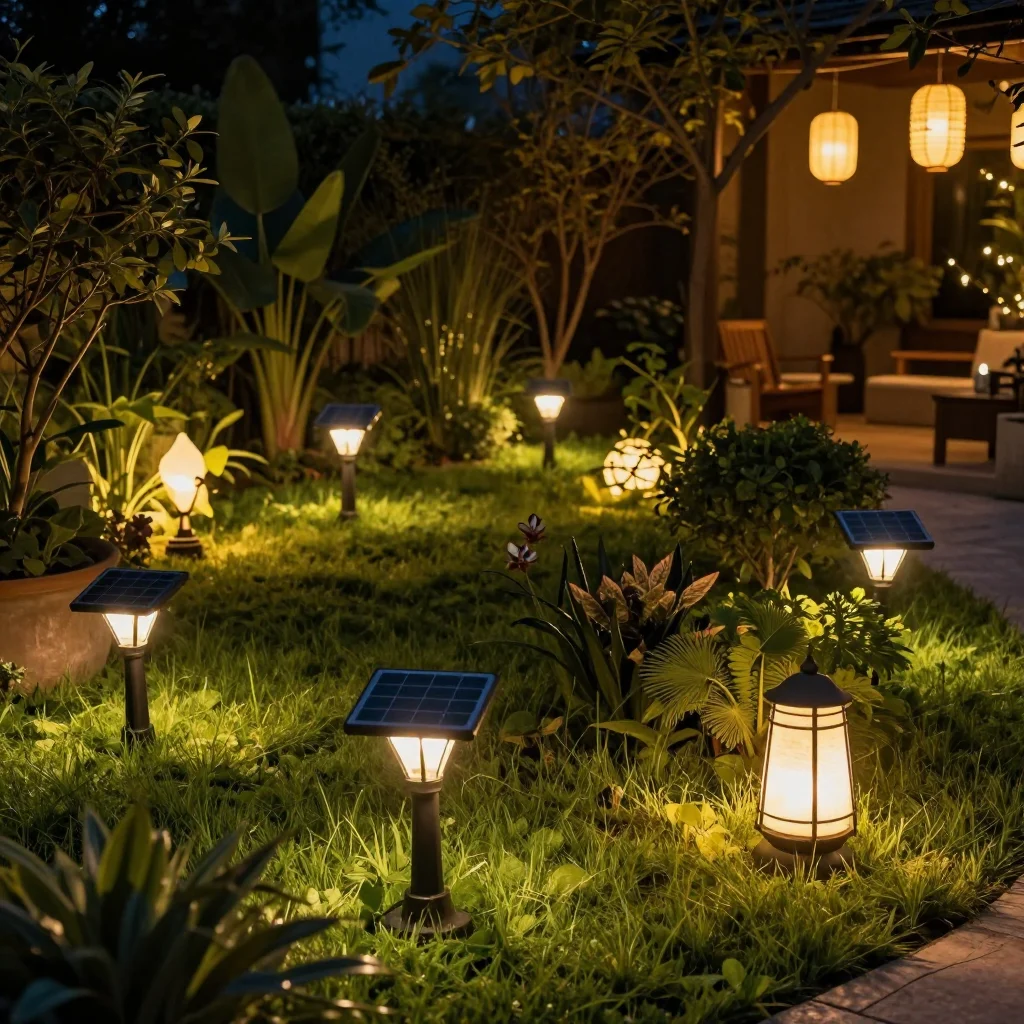 Illuminated garden with diverse lighting options