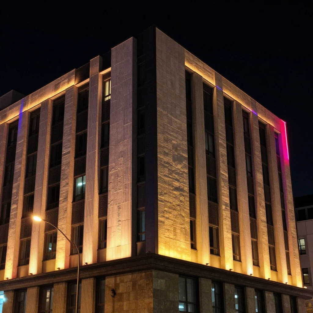 Illuminated building facade with LED lights