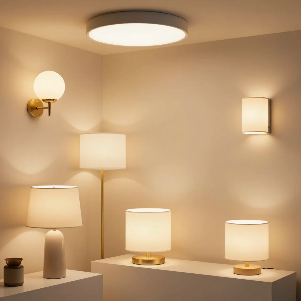 A modern interior with various lighting equipment.