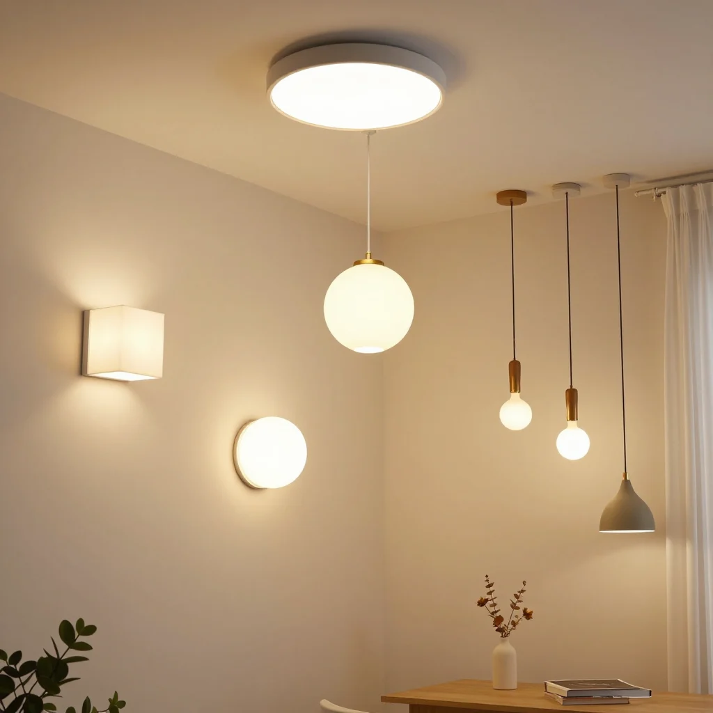 A modern interior with various lighting equipment