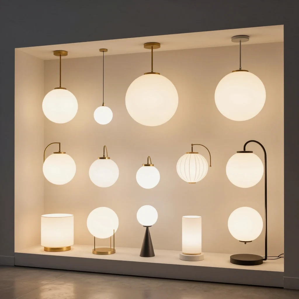 Display of original lighting equipment in a showroom.