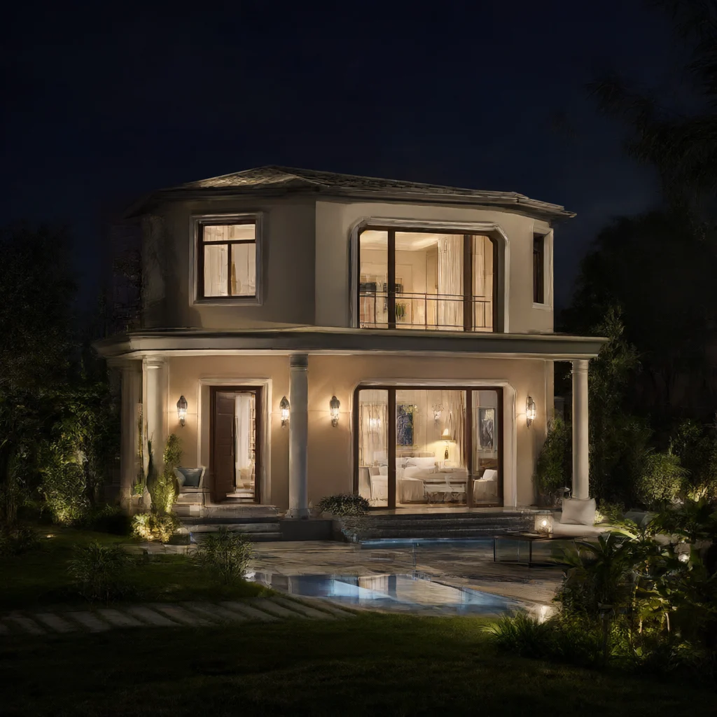A villa illuminated with elegant lighting at night
